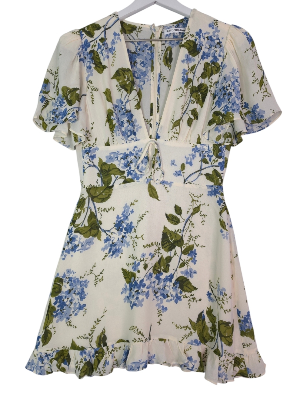 Reformation Mya Riviera Floral Vneck Flutter Sleeves Mini Dress - Picture 4 of 11